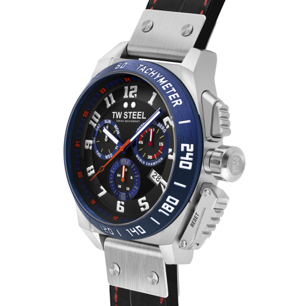 Stylish sports watch with a blue bezel and black leather strap.