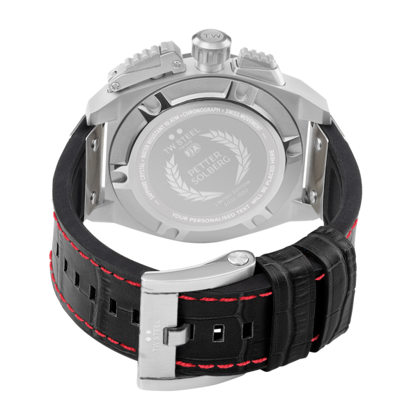 Wristwatch with a black leather strap featuring red stitching and a silver-toned metal case.