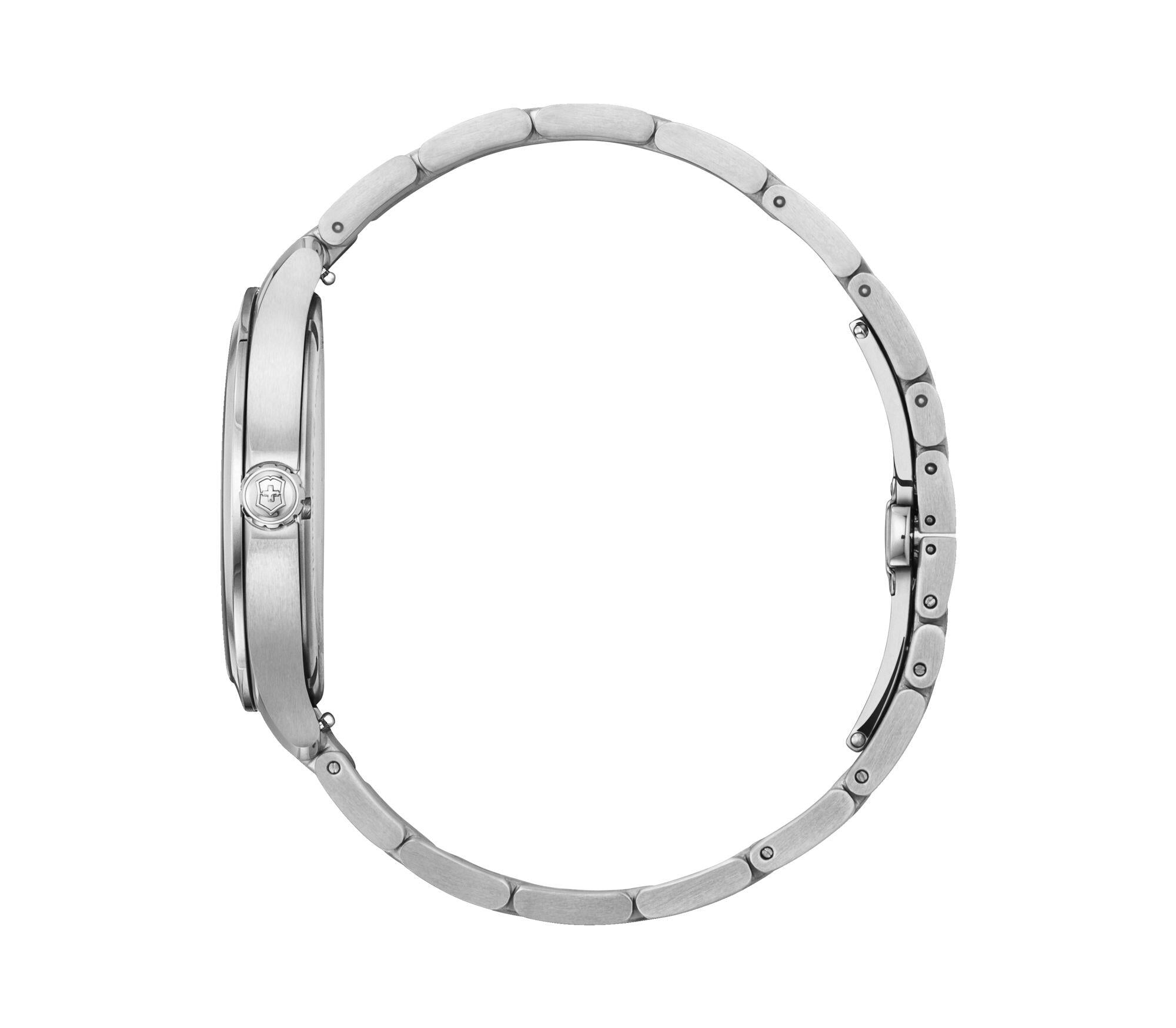 Silver wristwatch with a metal bracelet band.