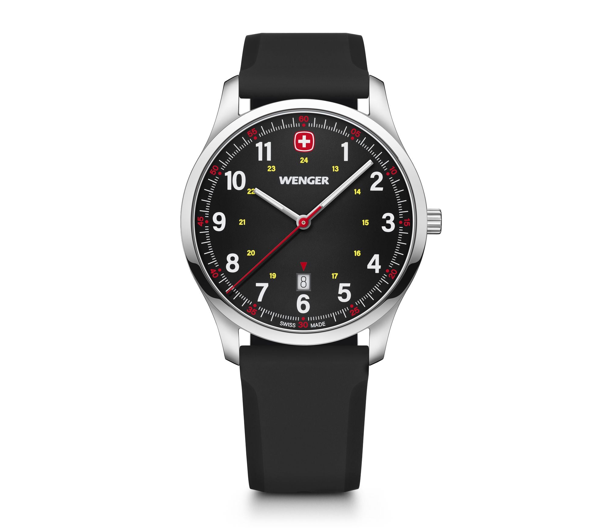 Wenger wristwatch with a black dial and leather strap.