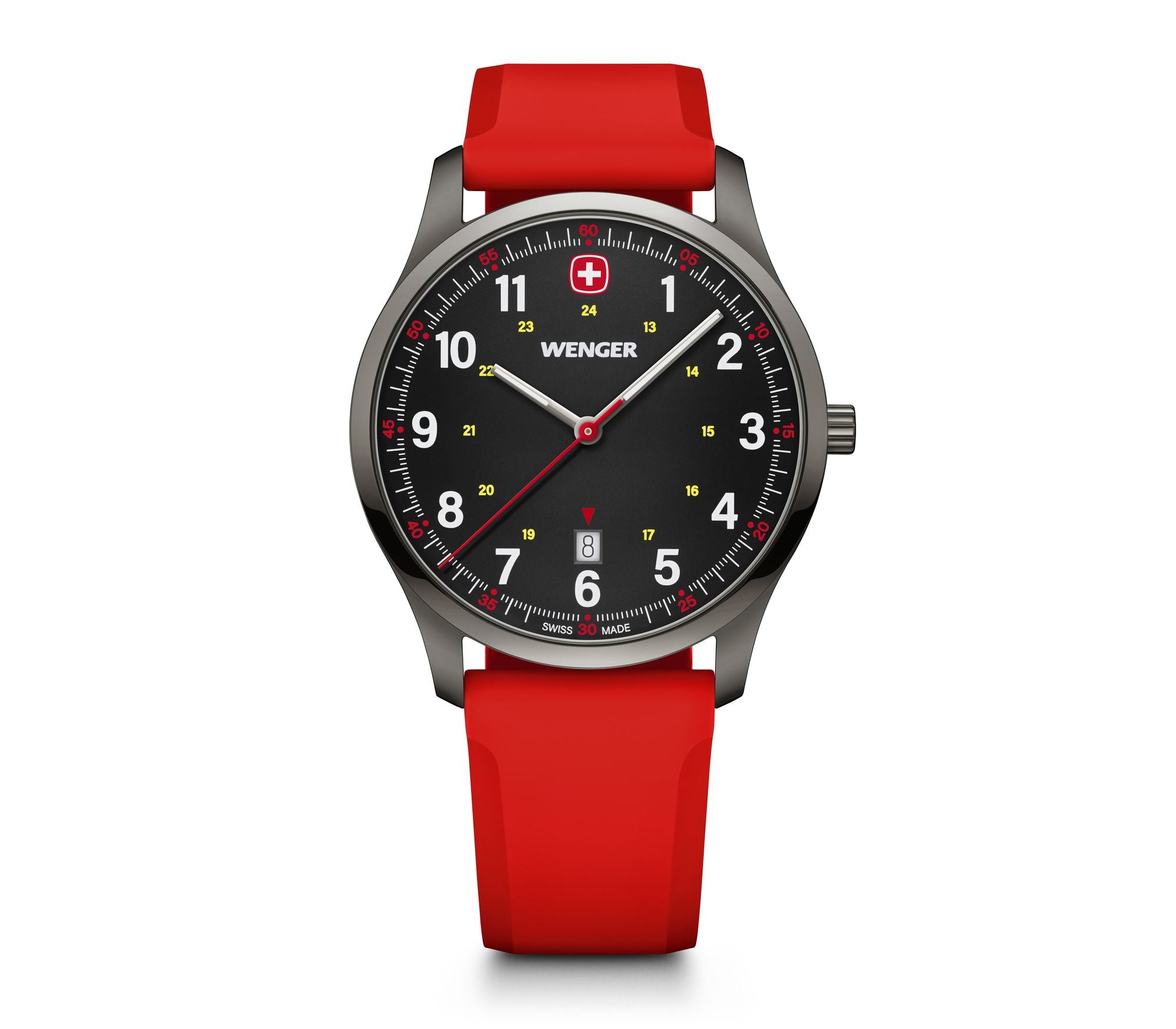 Wenger wristwatch with a black dial and bright red strap.