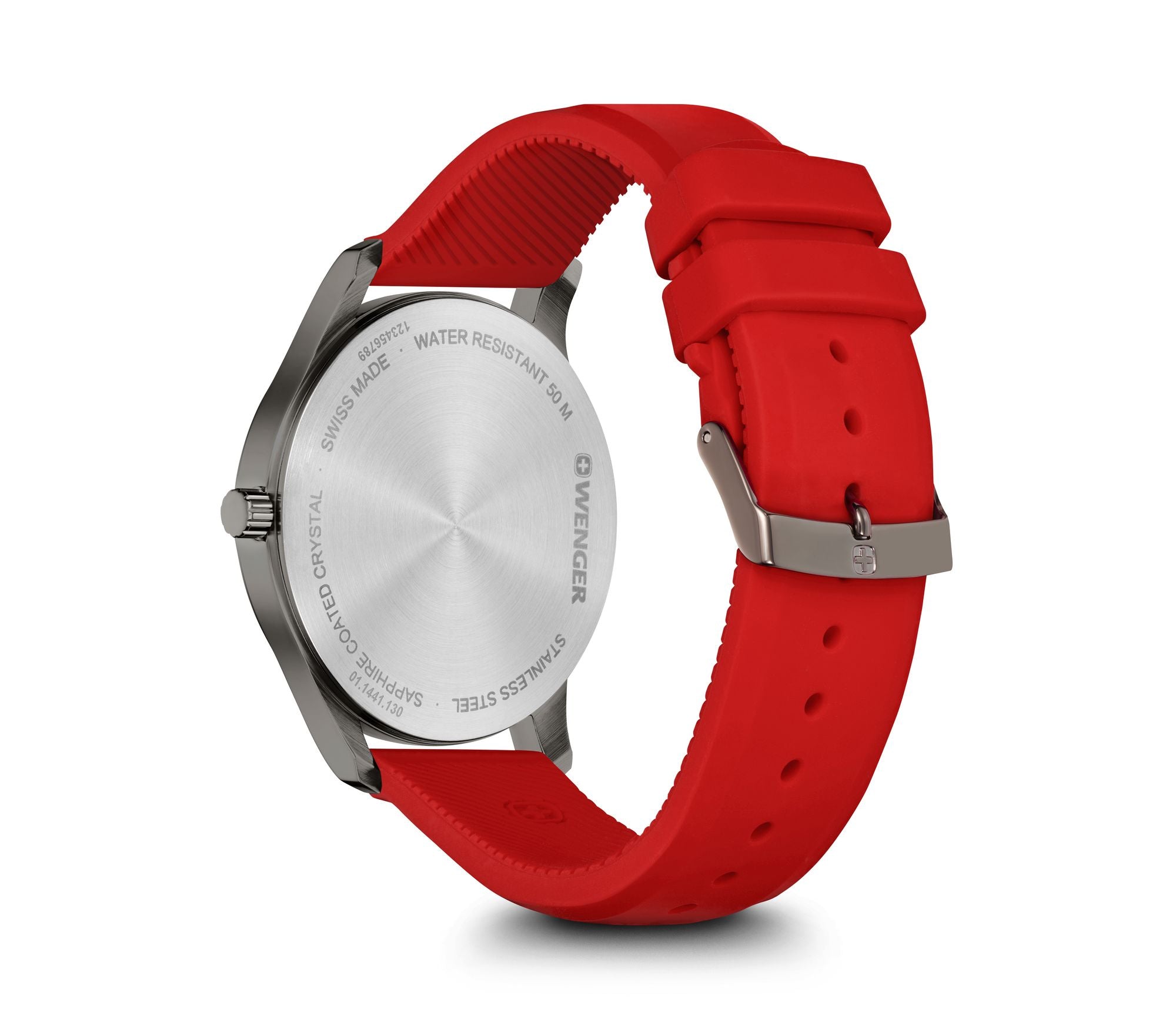 Wristwatch with a silver case and bright red silicone strap.