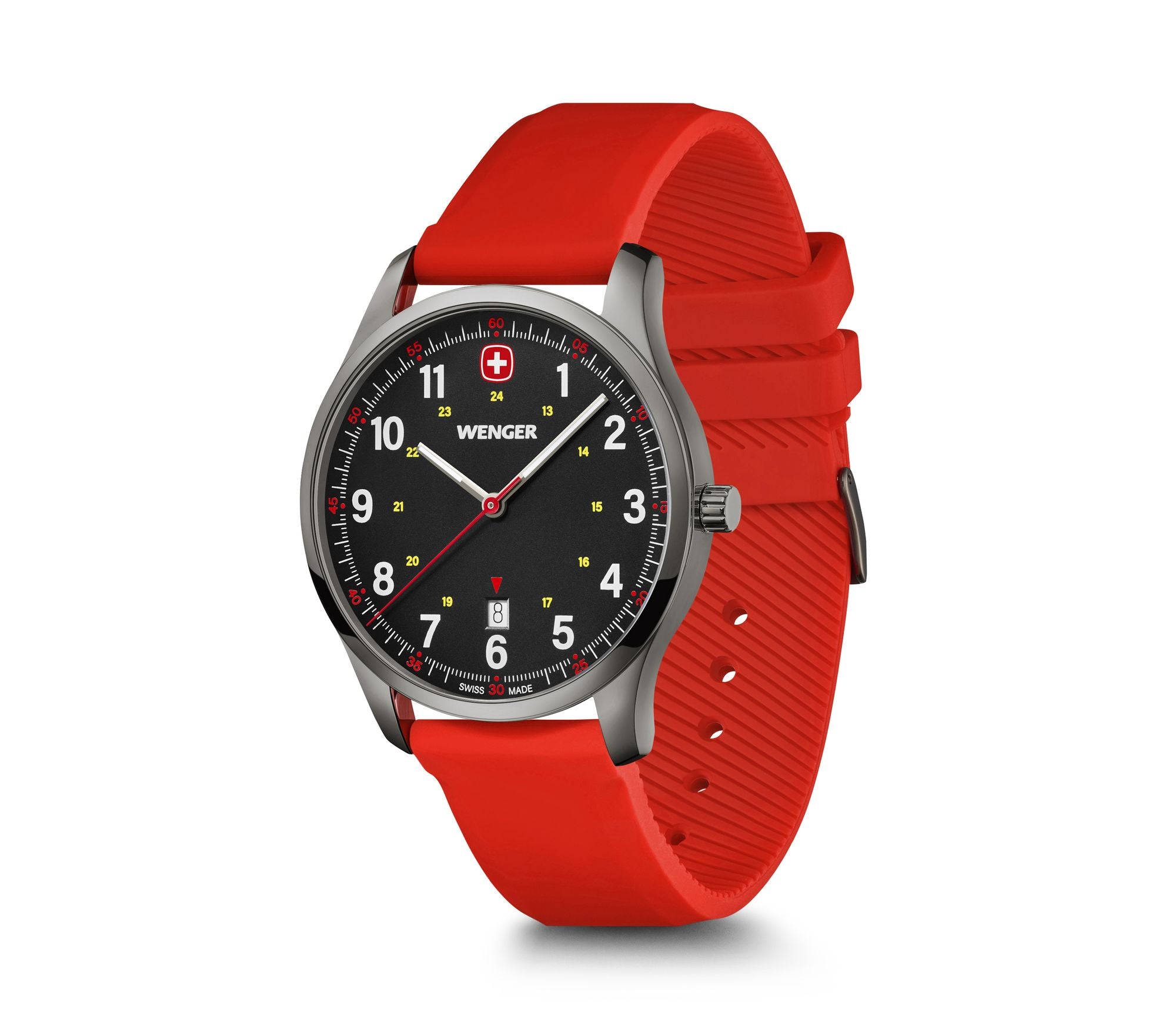 Red-strapped wristwatch with a black dial and silver case.