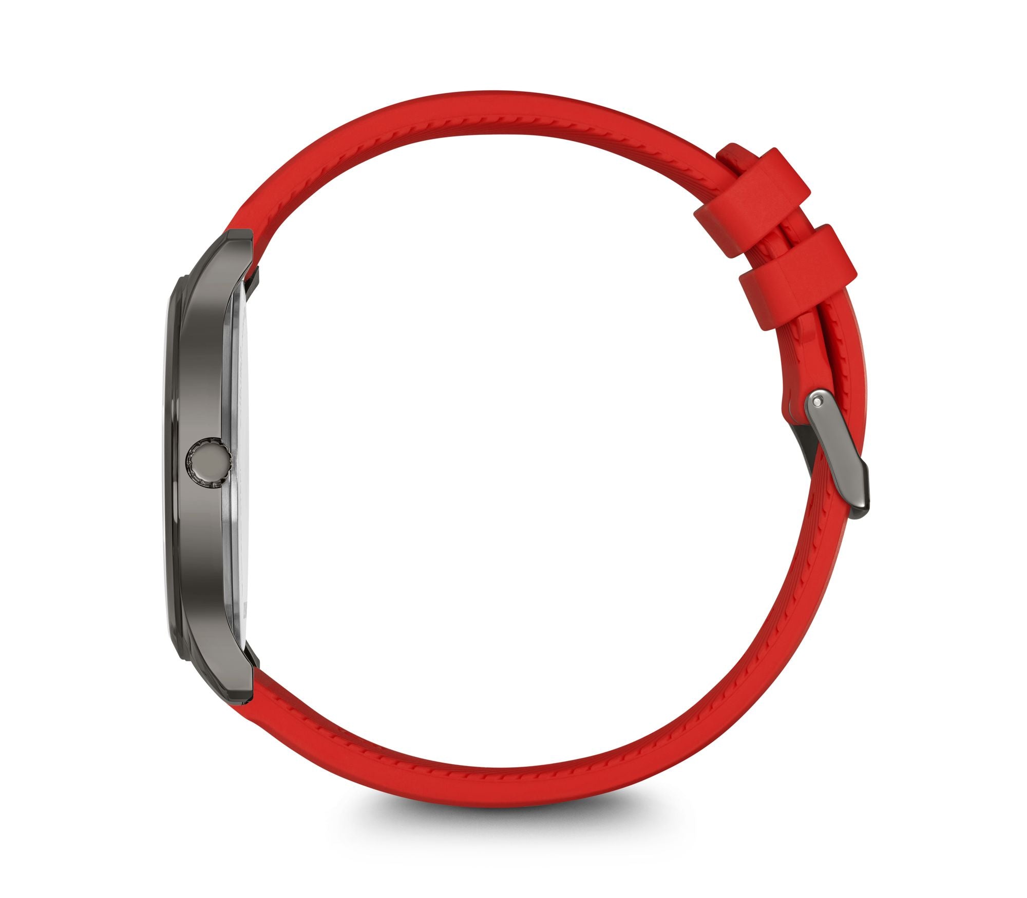 Red wristwatch with a circular metallic face and silicone strap.