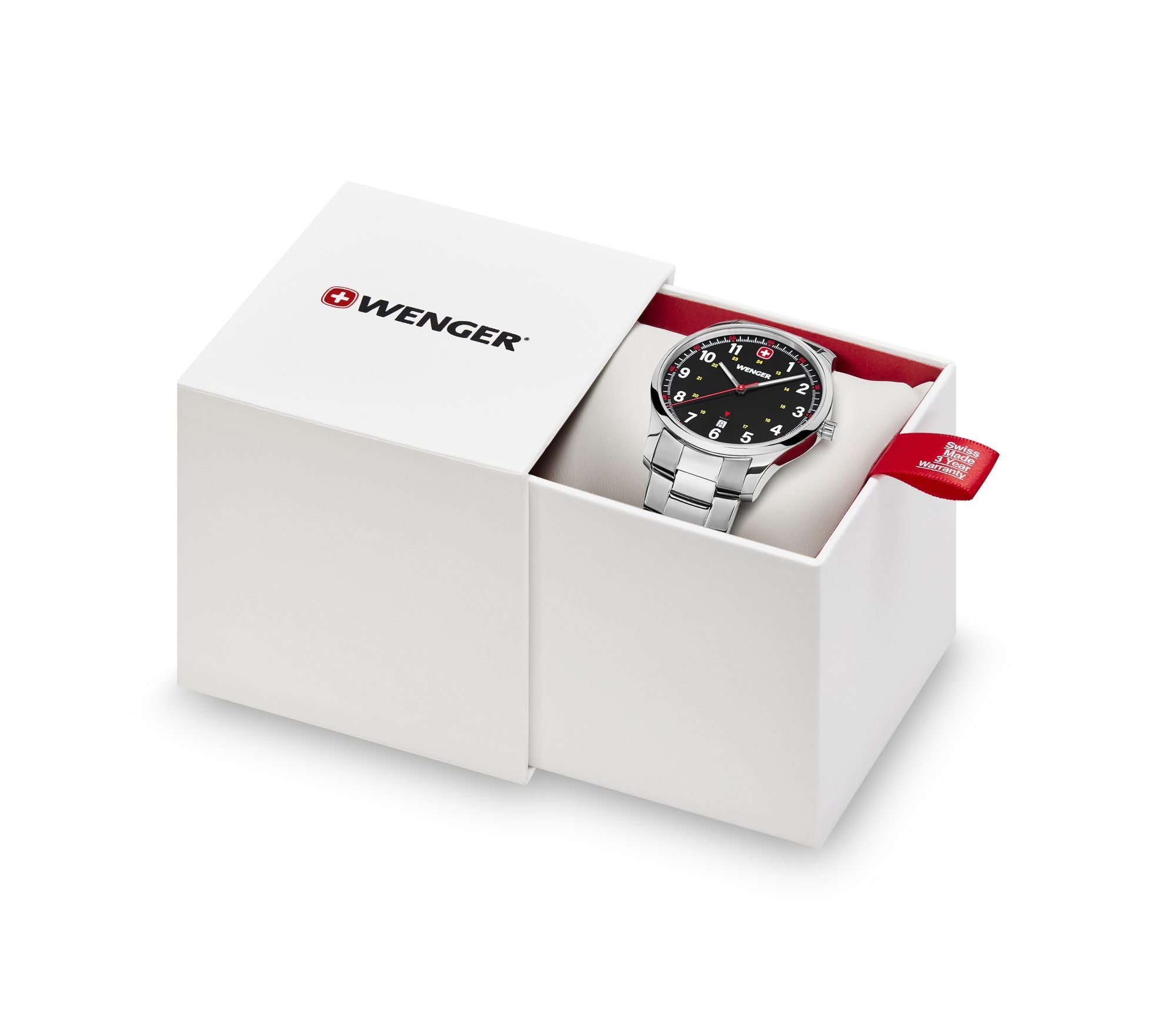 Wenger wristwatch in an open white presentation box.