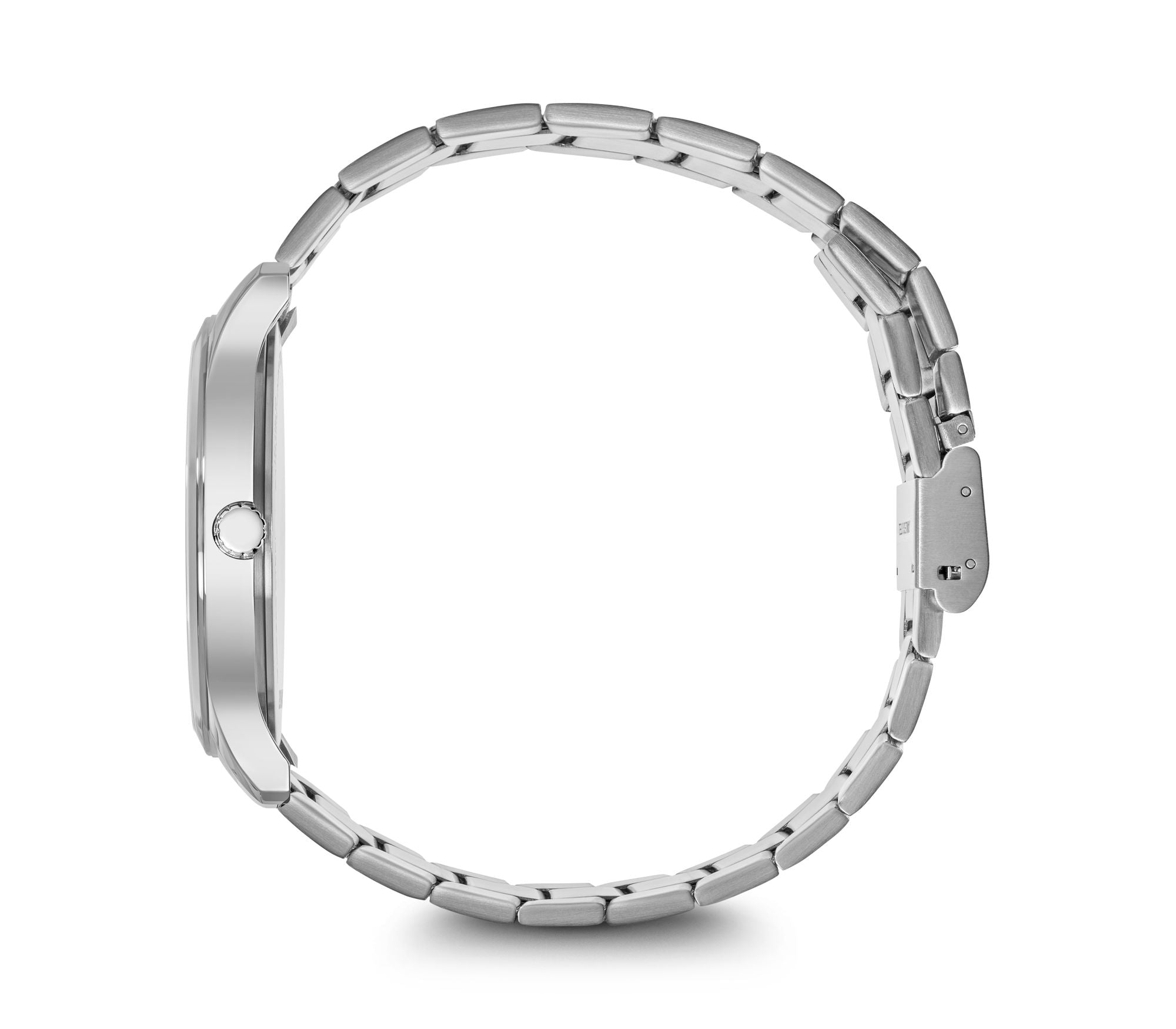 Silver wristwatch with a metal link band viewed from the side.