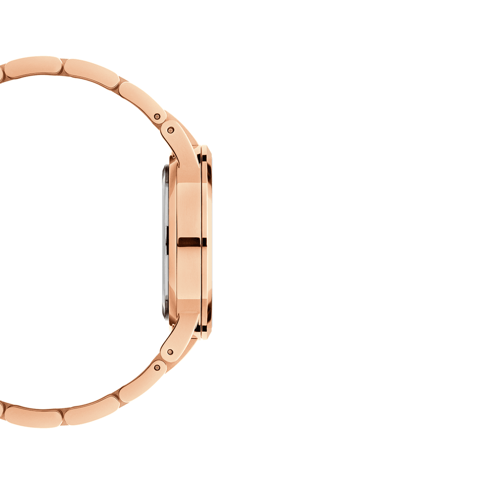 Rose gold wristwatch with a sleek metal band and minimalist round face.