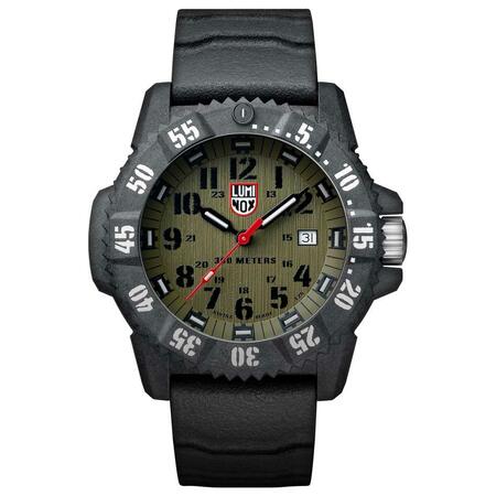 Rugged military-style wristwatch with a green dial and black case and strap.