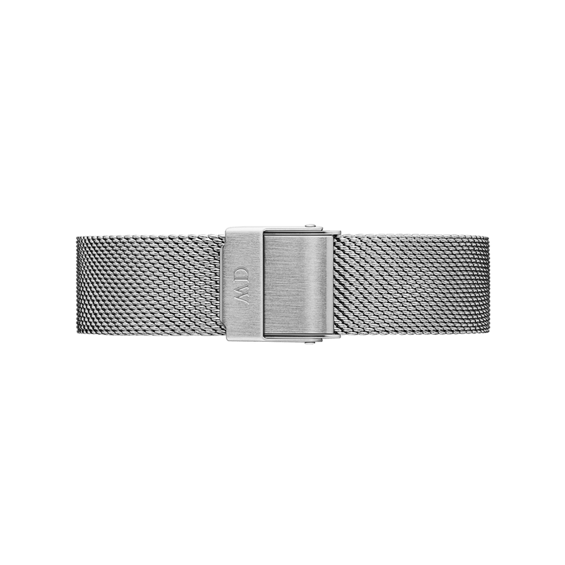 Stainless steel mesh watch band with a rectangular clasp.