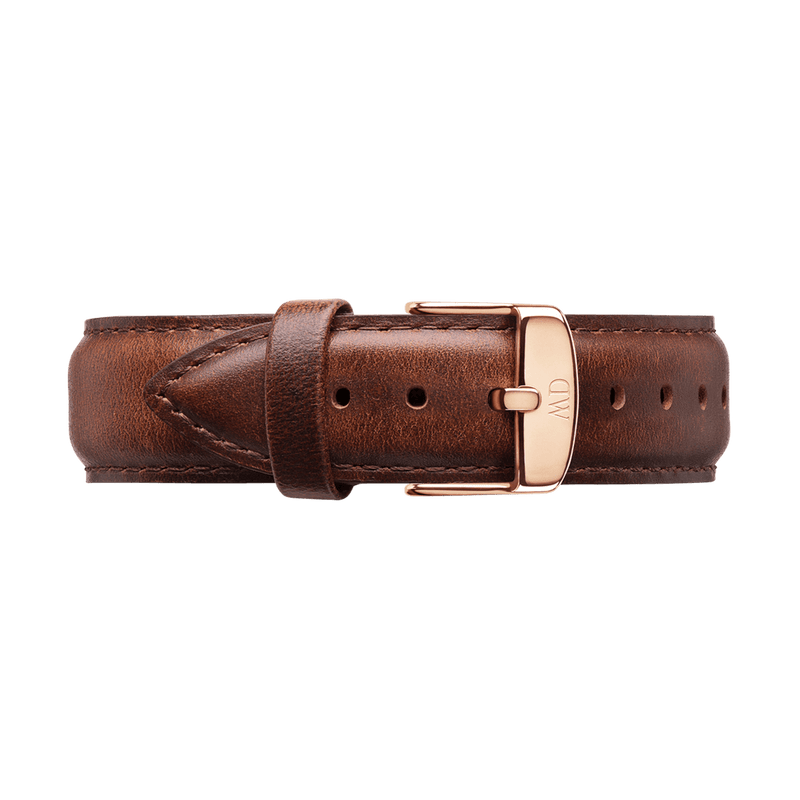 Brown leather watch strap with a rose gold buckle.