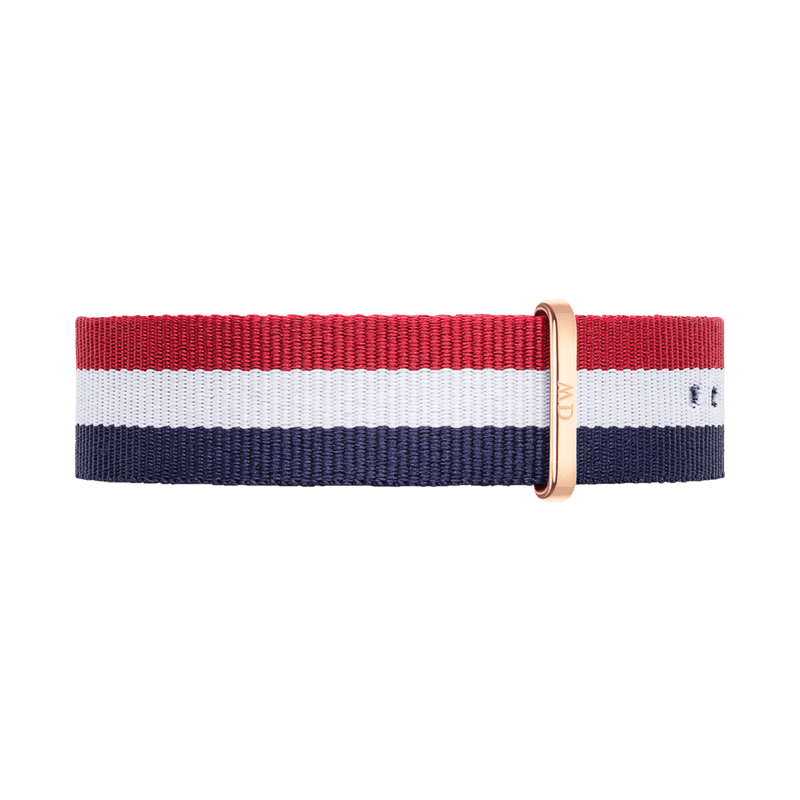 Striped red, white, and blue fabric watch strap with a gold-colored buckle.