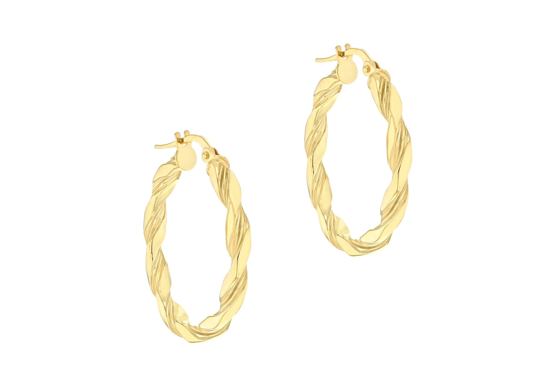 9K Yellow Gold Flat Twist Hoop Earrings Stylish Contemporary Look
