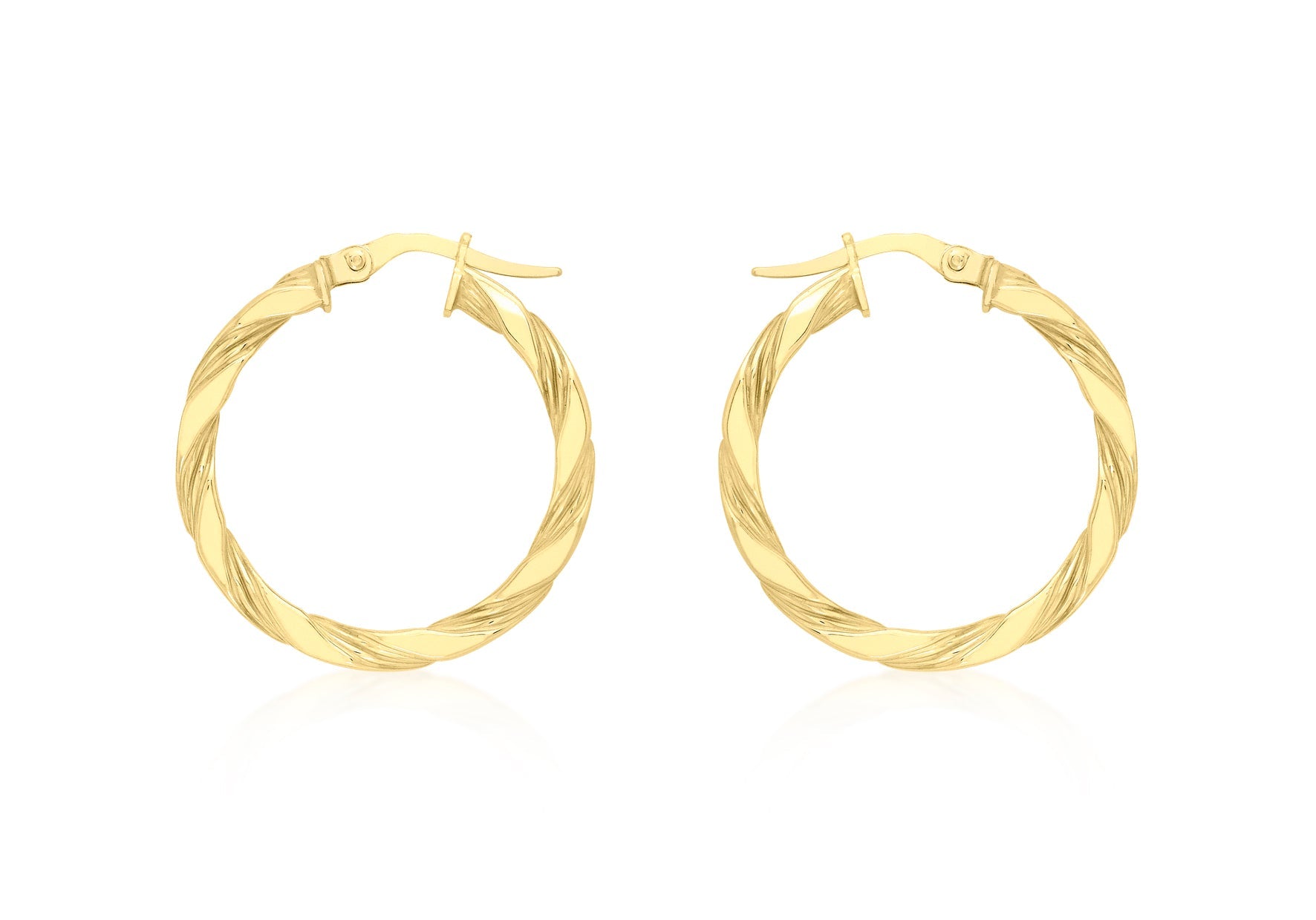 9K Yellow Gold Flat Twist Hoop Earrings Stylish Contemporary Look