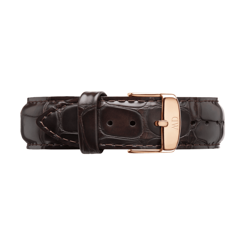 Dark brown leather watch strap with a rose gold buckle.