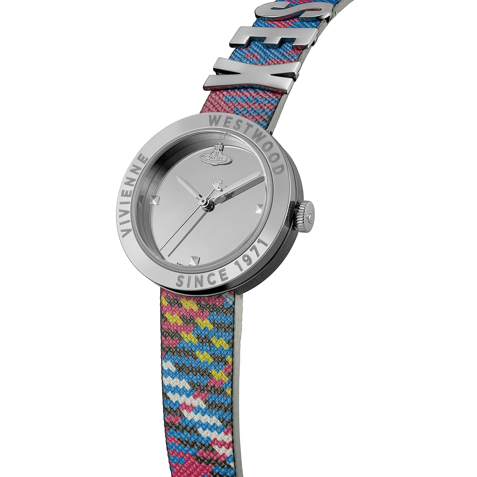 Vivienne Westwood The Rebel women's watch with a silver dial and multicolour leather strap. Close-up detail view.