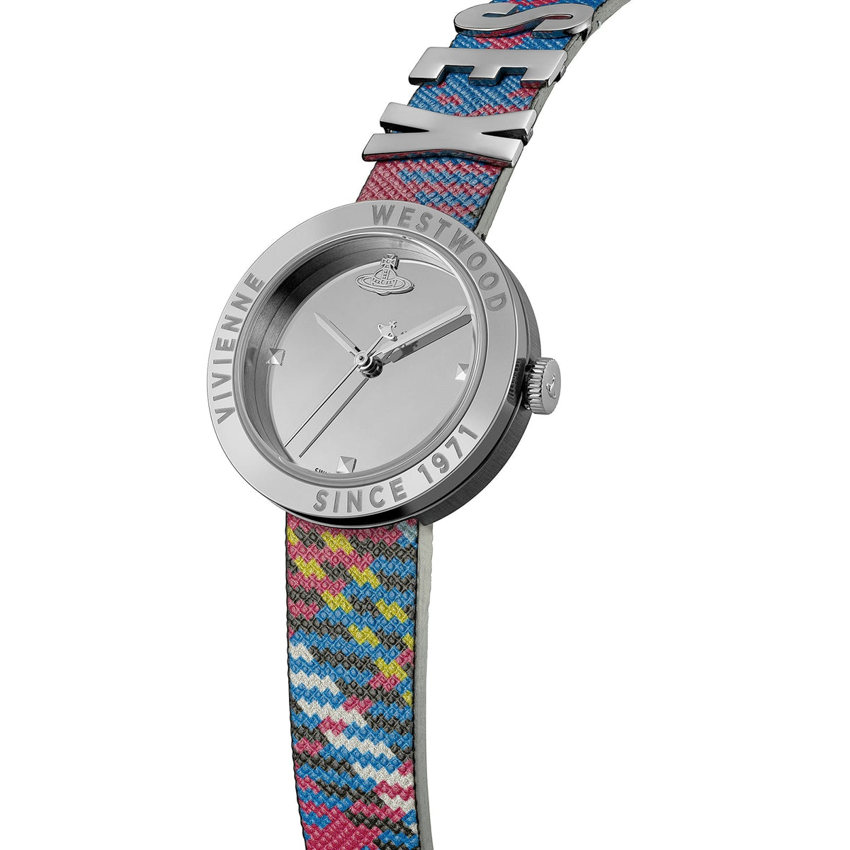 Vivienne Westwood The Rebel women's watch with a silver dial and multicolour leather strap. Close-up detail view.