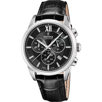 Festina Swiss Made Black Dial Black Leather Strap Men's Watch F20041/4