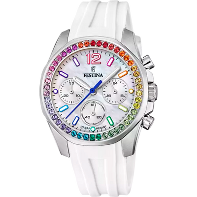 Elegant Festina Women's Rainbow Collection Watch with White Dial and Colorful Rubber Band - Model F20610/2