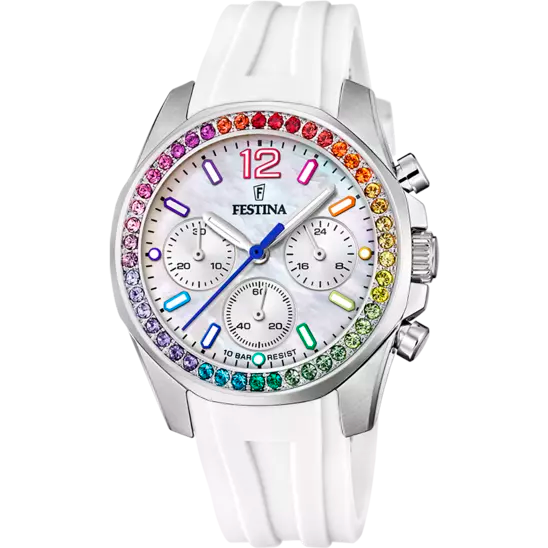 Elegant Festina Women's Rainbow Collection Watch with White Dial and Colorful Rubber Band - Model F20610/2