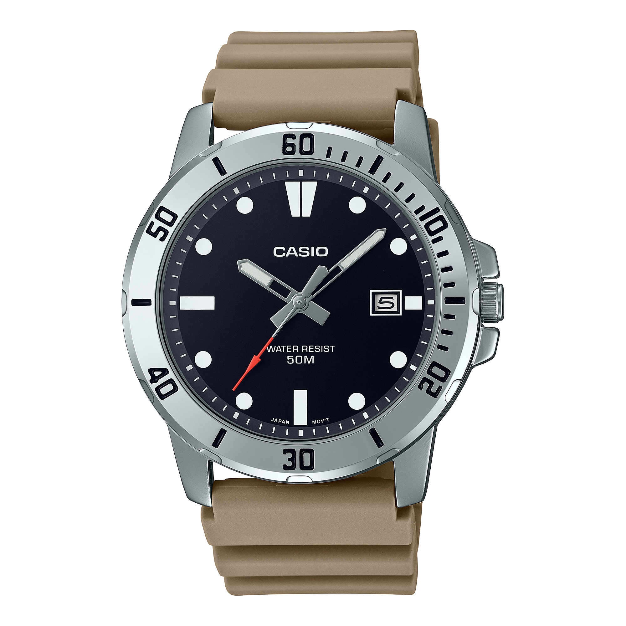 Casio wristwatch with a black dial, silver bezel, and tan rubber strap.