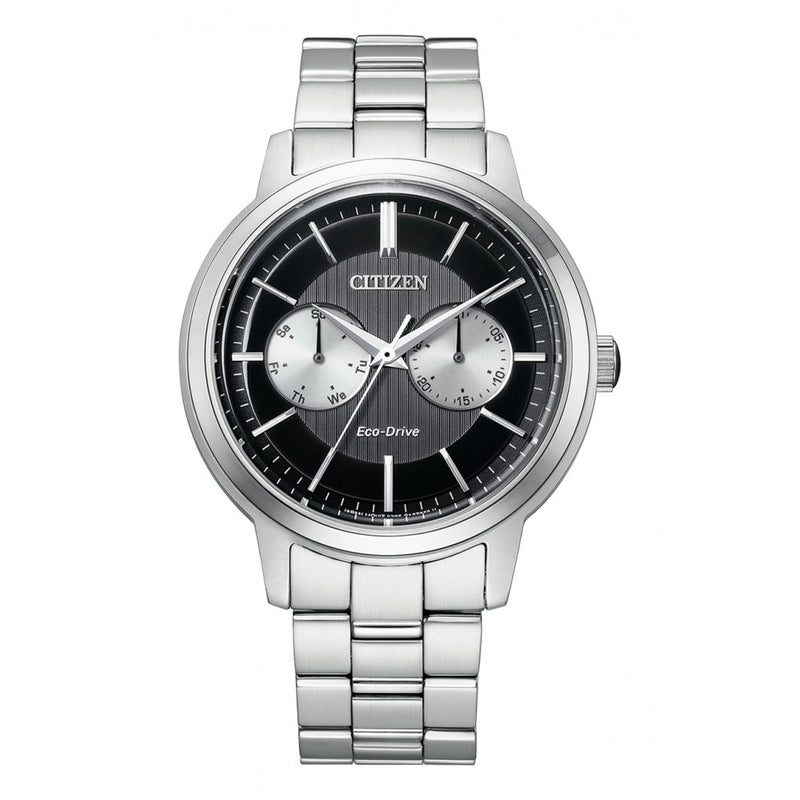 Silver-toned wristwatch with a black dial and multiple subdials.