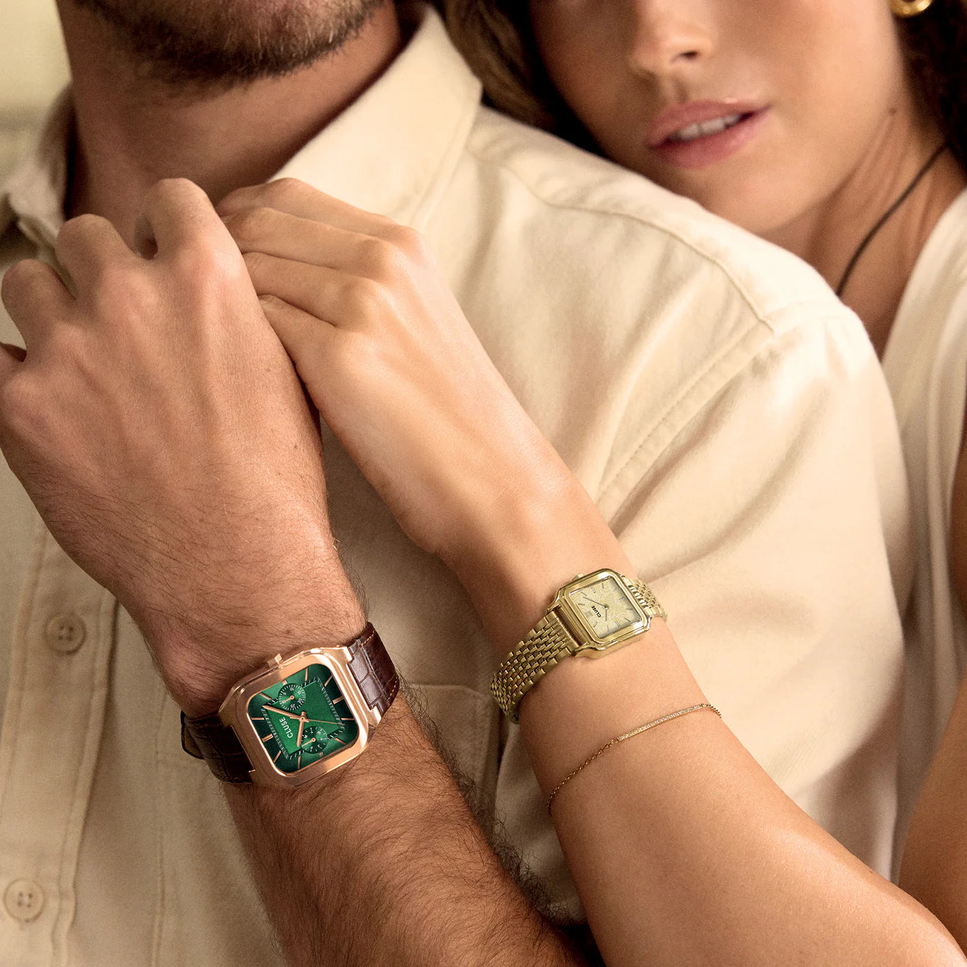 CLUSE Quadrus Multifunction Brown Leather Band Green Dial Rose Gold Men's Watch CW26205
