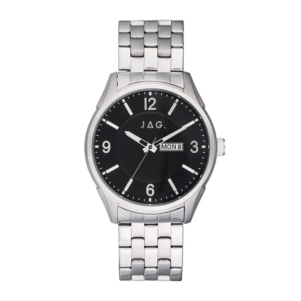 Silver wristwatch with a black dial and metal link bracelet.