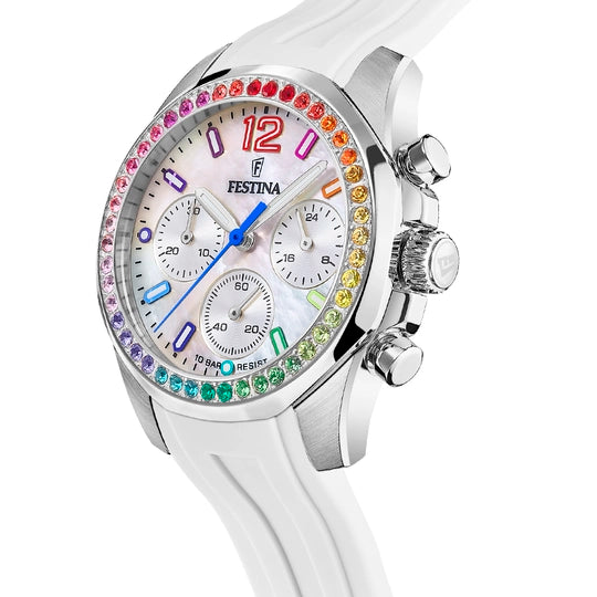 Elegant Festina Women's Rainbow Collection Watch with White Dial and Colorful Rubber Band - Model F20610/2