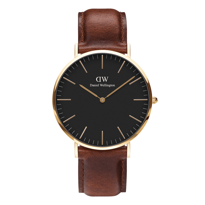 Elegant wristwatch with a black face, gold-tone case, and brown leather strap.