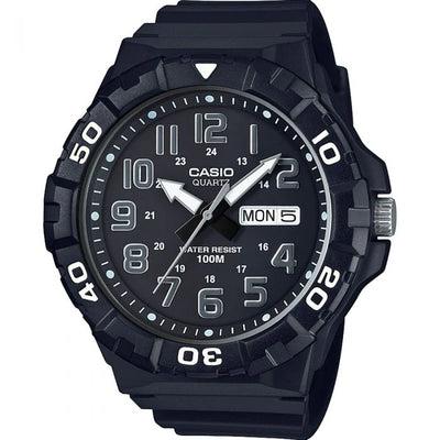 Black Casio wristwatch with a round face and prominent numerical markers.