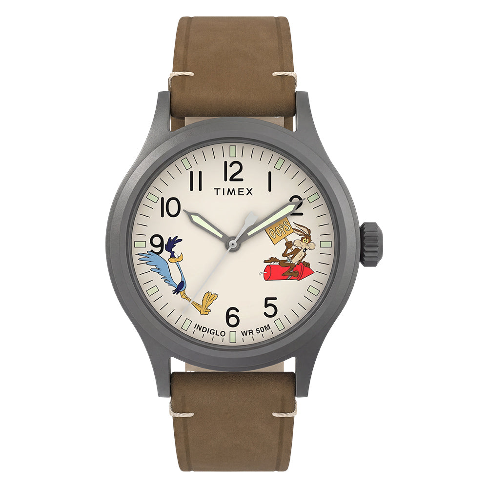 Timex Looney Tunes Expedition Road Runner brown dial gunmetal case brown leather strap TW2Y99400