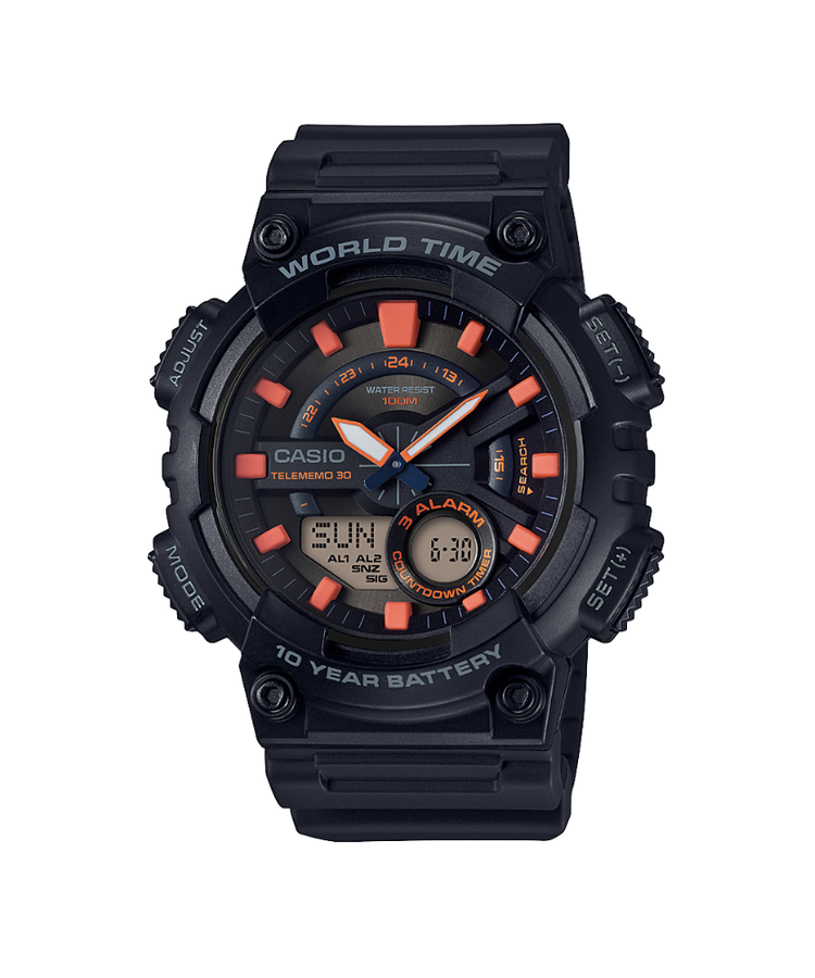 Rugged black Casio wristwatch with orange accents and digital-analog display.