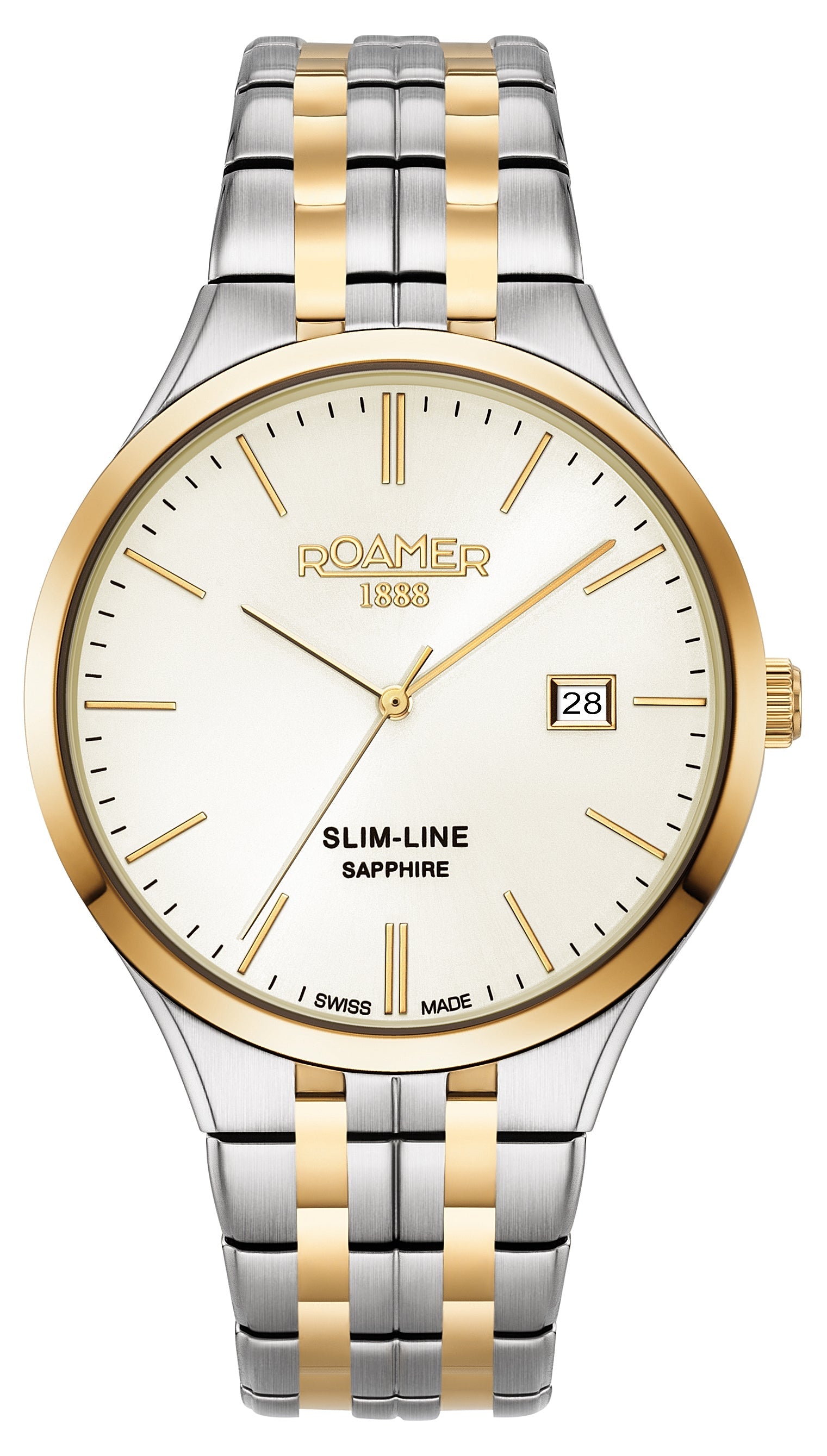 Two-tone wristwatch with a metal bracelet and white dial displaying the Roamer brand.
