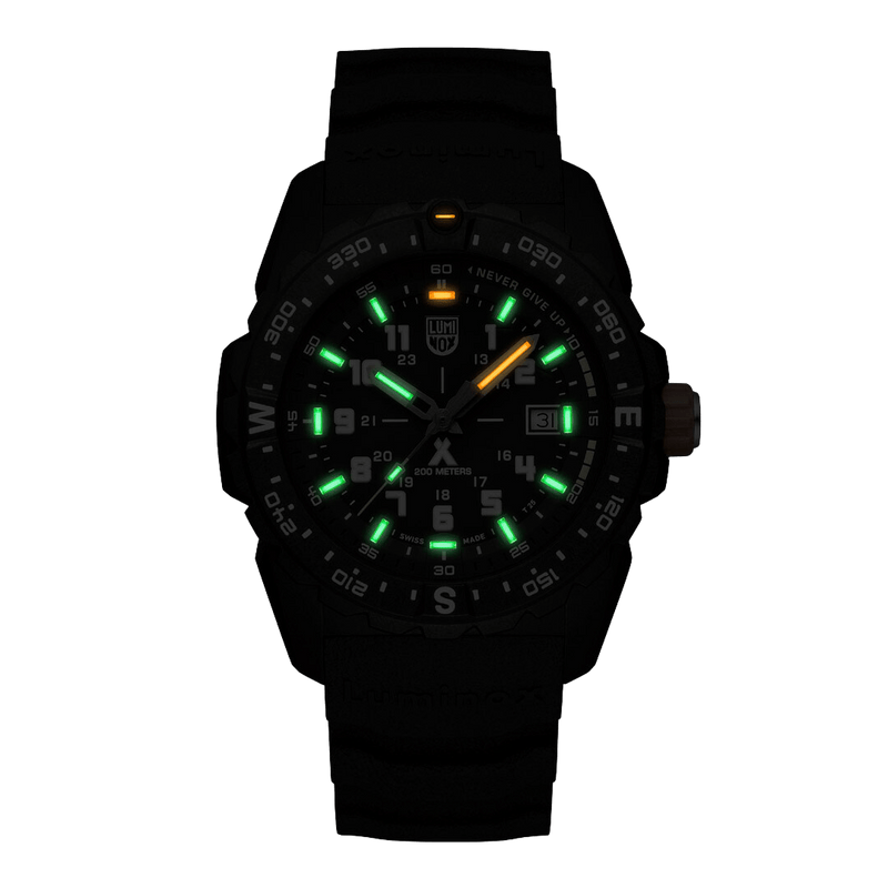 Rugged black wristwatch with luminous markings on the dial.