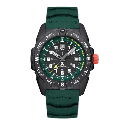 Rugged sports watch with a green strap and black face featuring multiple dials and markings.