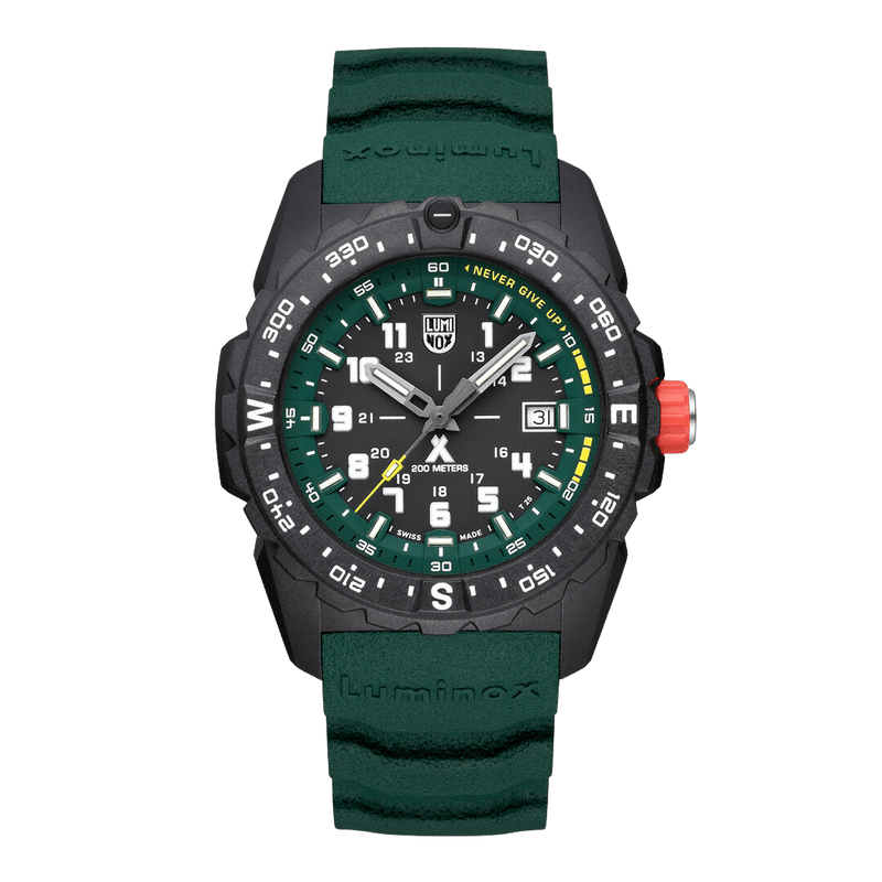 Rugged sports watch with a green strap and black face featuring multiple dials and markings.