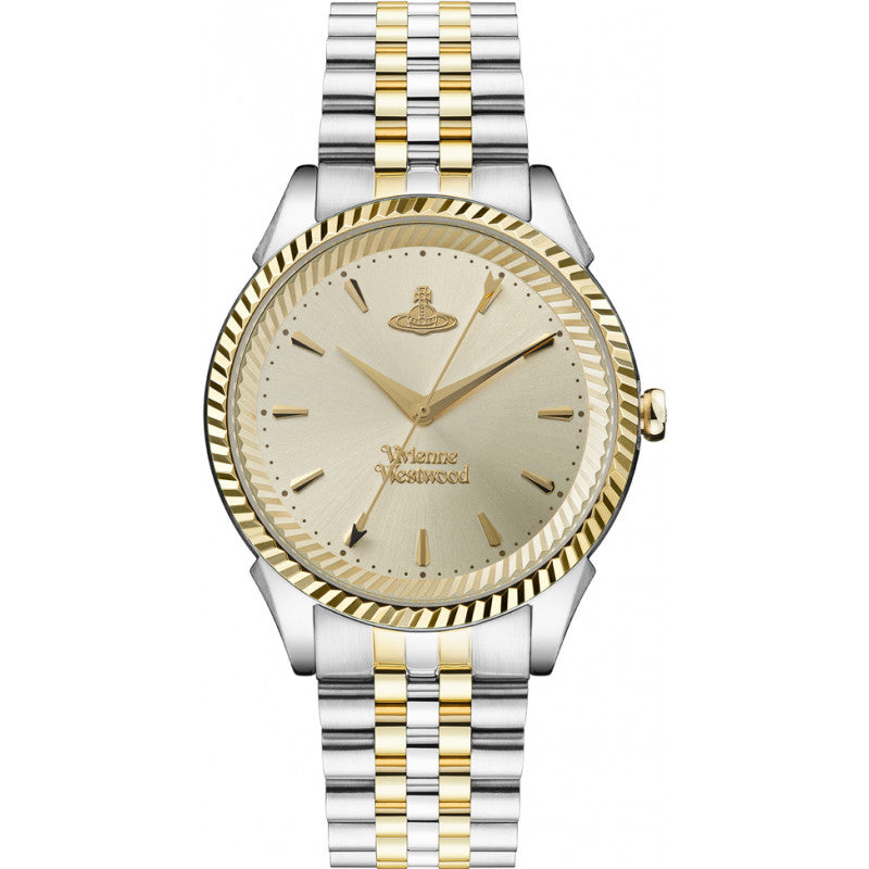 Vivienne Westwood Seymour women's watch with a champagne dial and two tone stainless steel bracelet. Clasp and case back detail.