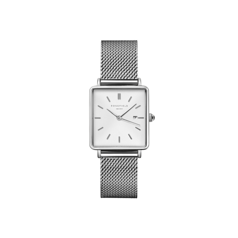 Rosefield The Boxy White Dial Silver Mesh Watch QWSS-Q02