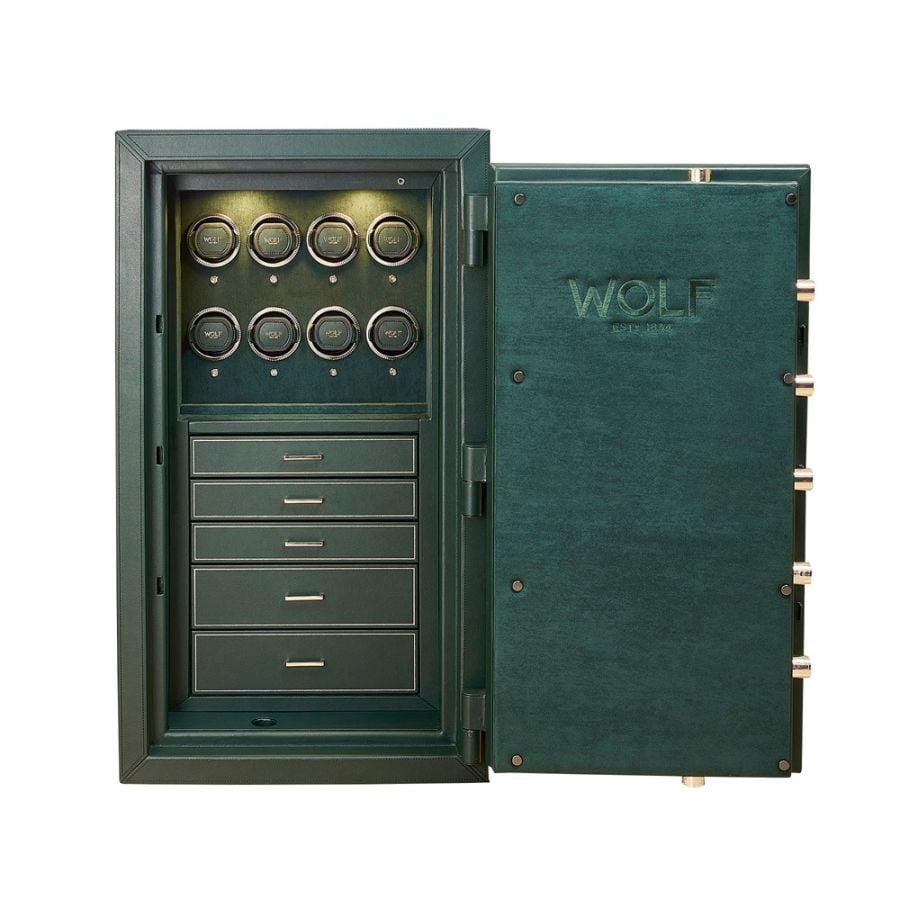 WOLF Athos 8 Piece Watch Winder and Jewellery Safe Green