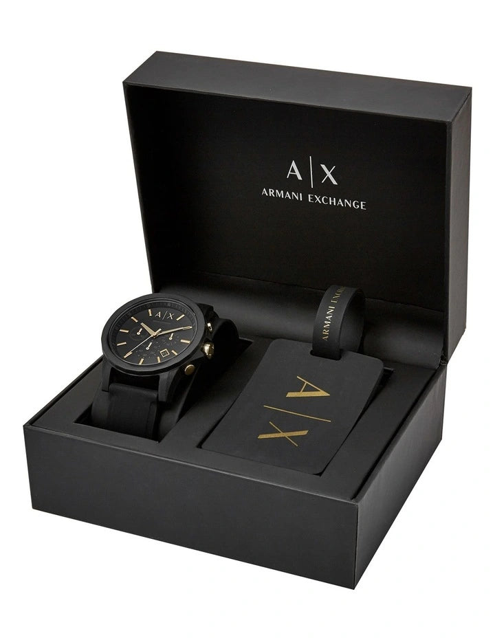 Armani Black Silicone Chronograph Watch Set AX7105