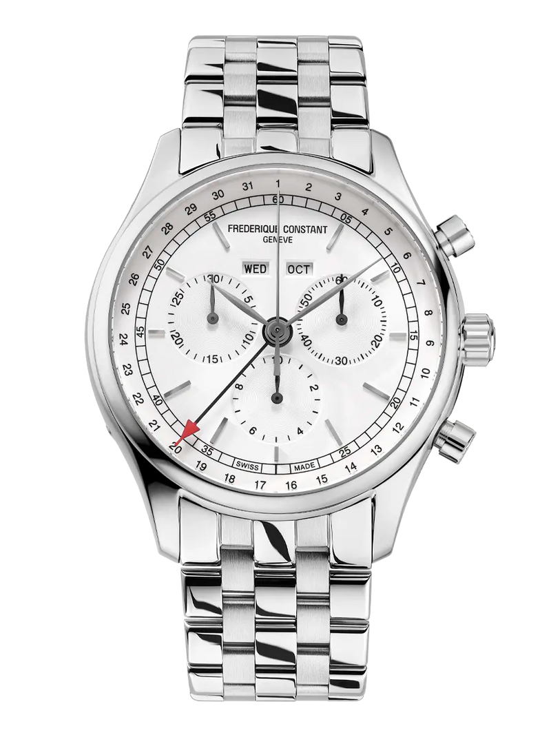 Stainless steel chronograph wristwatch with a white dial and multiple subdials.