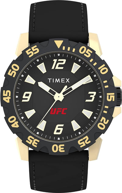 Timex wristwatch with a black dial, gold-tone case, and UFC branding.