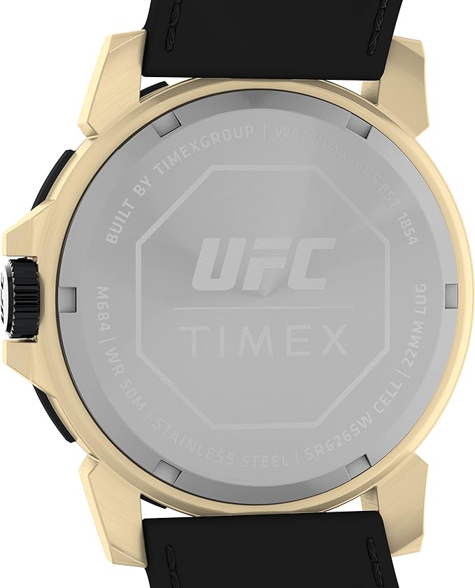 Gold-toned wristwatch with a black strap and UFC branding on the back.