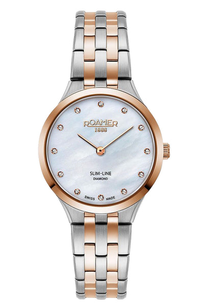 Roamer Slim Line 30mm Mother of Pearl and Diamond Dial Two Tone Rosegold Stainless Steel Strap Watch