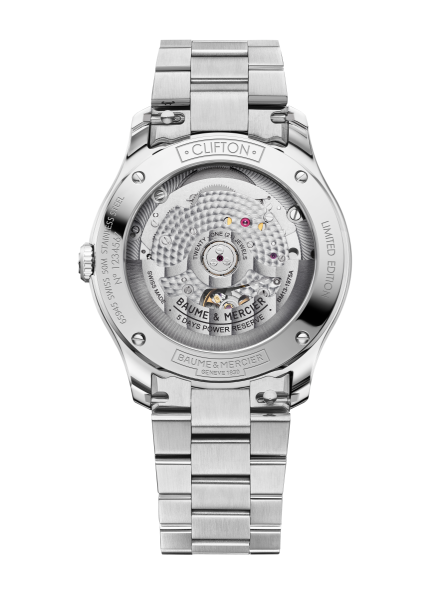 Caseback of the Baume & Mercier Clifton M0A10870 limited edition in stainless steel.
