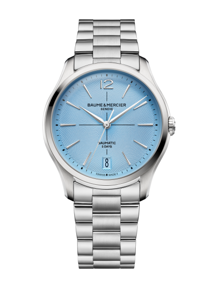 Baume & Mercier Clifton M0A10870 ice blue guilloché dial on a stainless steel bracelet, shown straight on.