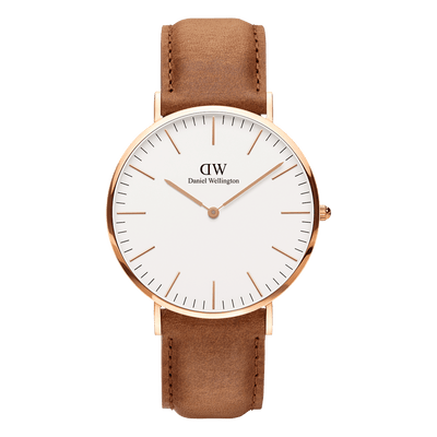 Wristwatch with a white face, rose gold case, and brown leather strap.