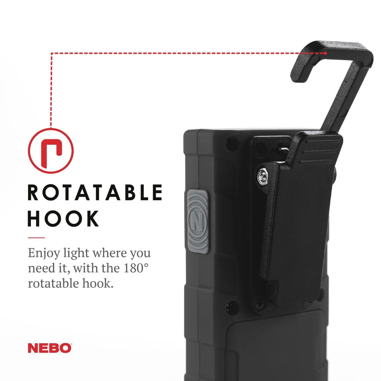 Black handheld device with a rotatable hook at the top.