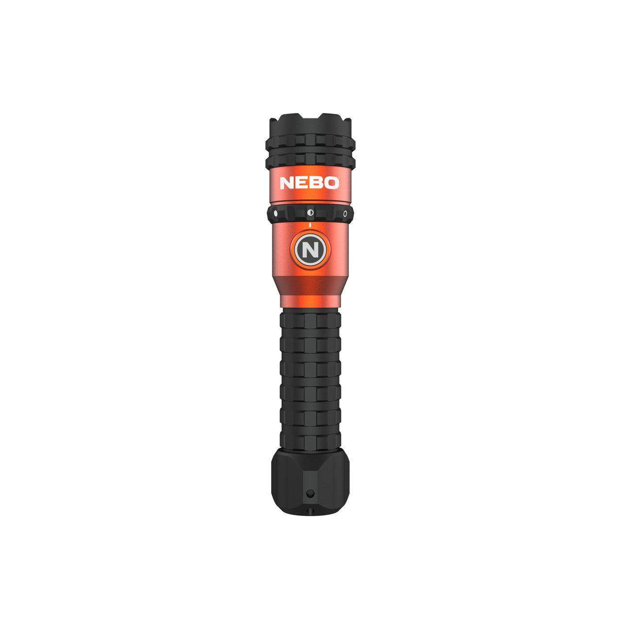 Red and black handheld flashlight with ’NEBO’ branding.