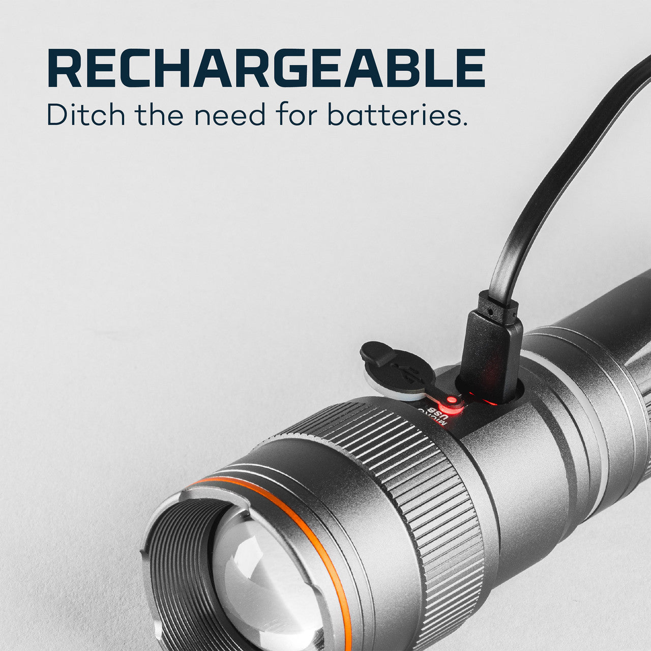 Rechargeable flashlight with a USB charging port.